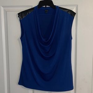 Ann Taylor Navy blue stretch blouse with faux leather details , size large